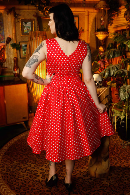 May V-neck 50s Style Swing Dress in Red Polka
