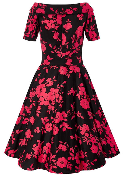 Darlene Retro Floral Swing Dress in Black/Red