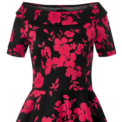 Darlene Retro Floral Swing Dress in Black/Red