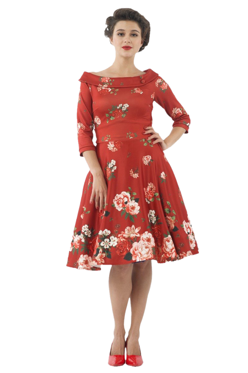 Deborah Flattering Long Sleeves Swing Dress Red & Raising Roses