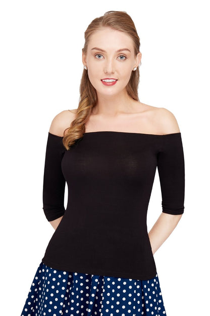 Gloria Off Shoulder Retro Stretchy Top - Black