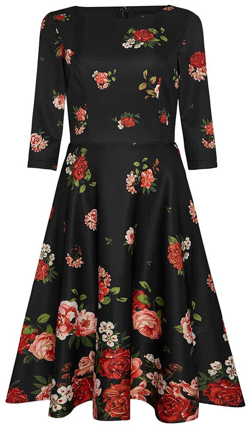 Janet Classic Long Sleeves Flared Dress in Black and Raising Roses