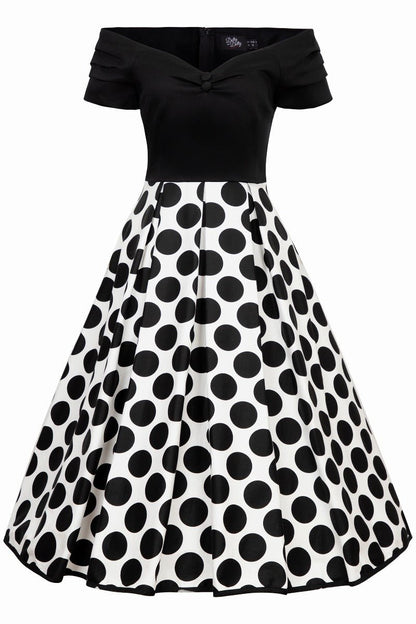 Lily Off Shoulder Monochrome Polka Dot Dress