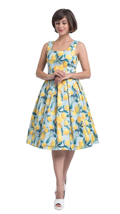 Amanda Vintage Inspired Lemon Print Dress in Pale Blue with Hidden Pockets & a Scoop Neckline