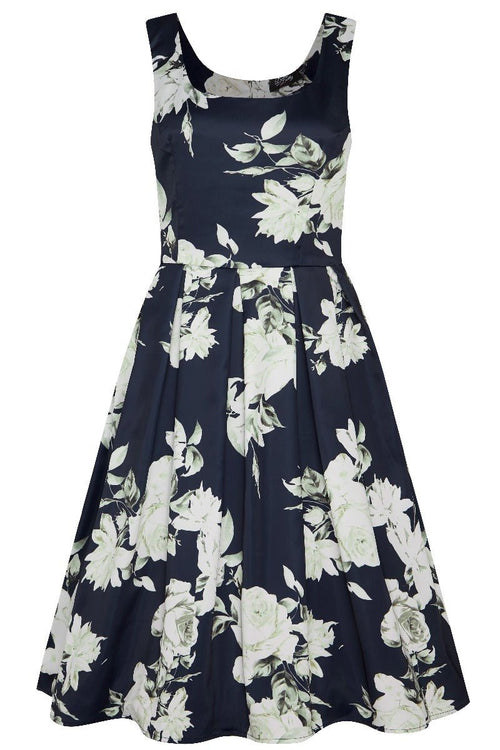 Gorgeous Amanda 50s Inspired Navy Swing Dress & White Roses