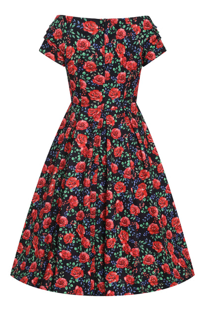 Lily Vintage Red Rose Off Shoulder Dress In Black