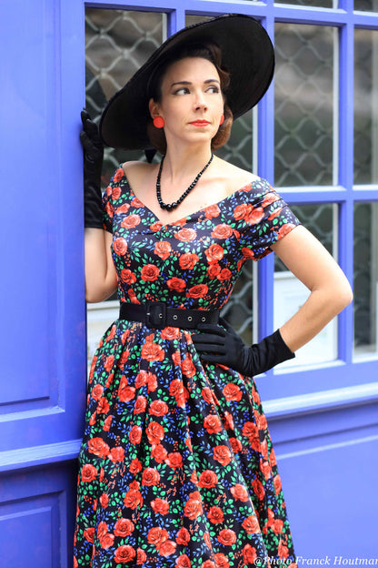 Lily Vintage Red Rose Off Shoulder Dress In Black