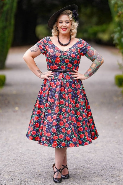 Lily Vintage Red Rose Off Shoulder Dress In Black