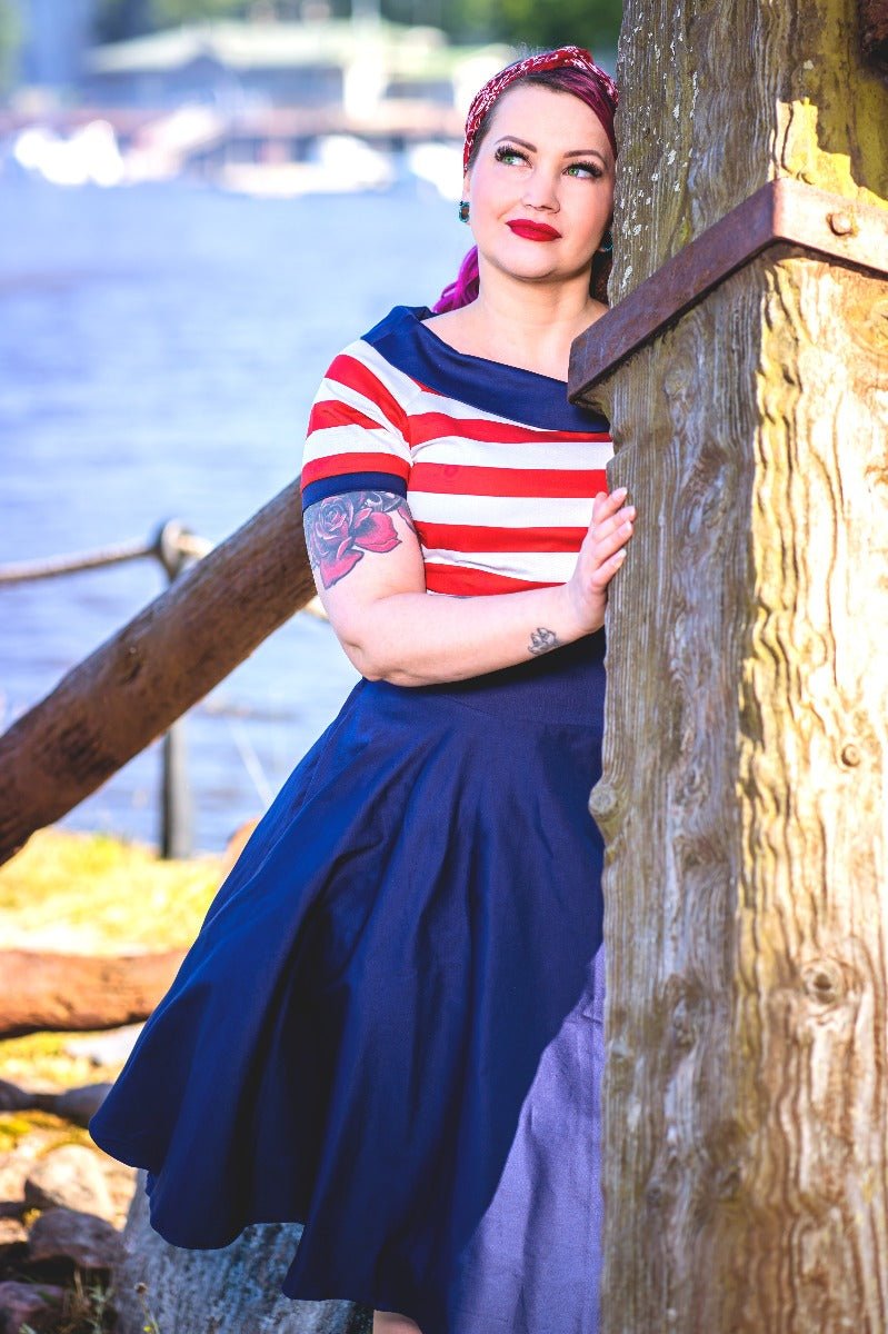 Darlene Nautical Swing Dress in Navy with Red & White Stripes