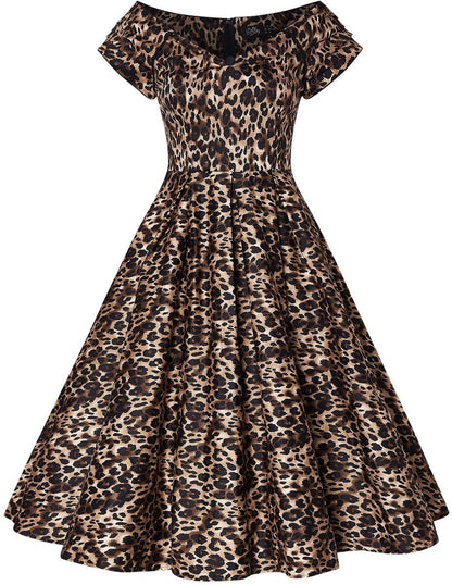 Lily 50s Rockabilly Dress in Brown Leopard Animal Print