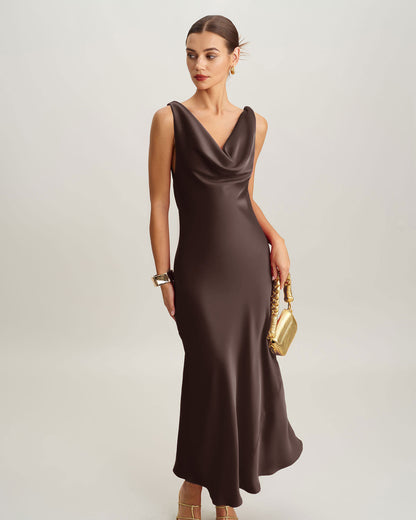 Coffee Cowl Neck Satin Maxi Dress