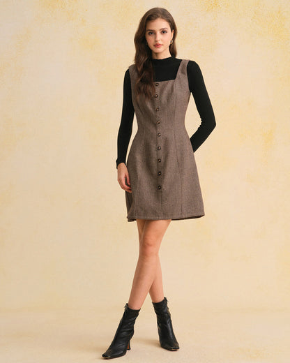 Brown Square Neck Sleeveless Mini Dress