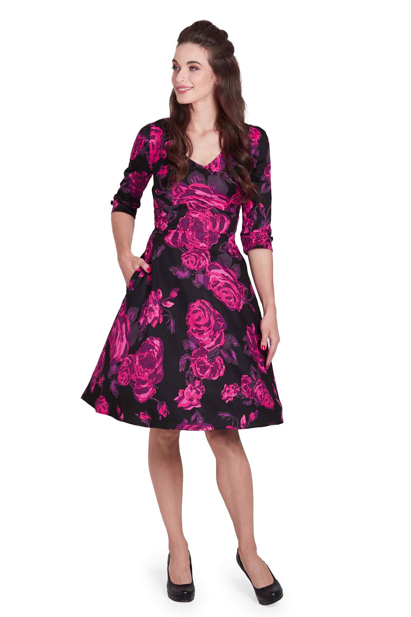 Katherine Black Pink Floral Swing Dress