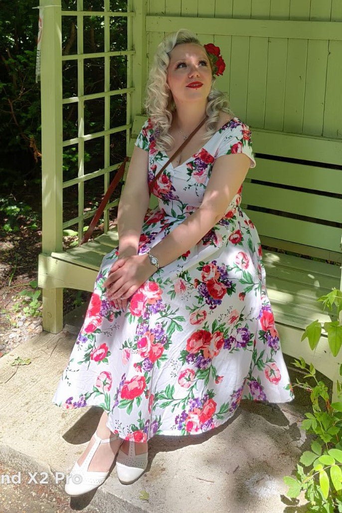 Lily Off Shoulder 50s Pleated Dress in White/Pink Floral