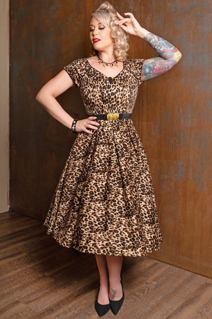 Lily 50s Rockabilly Dress in Brown Leopard Animal Print