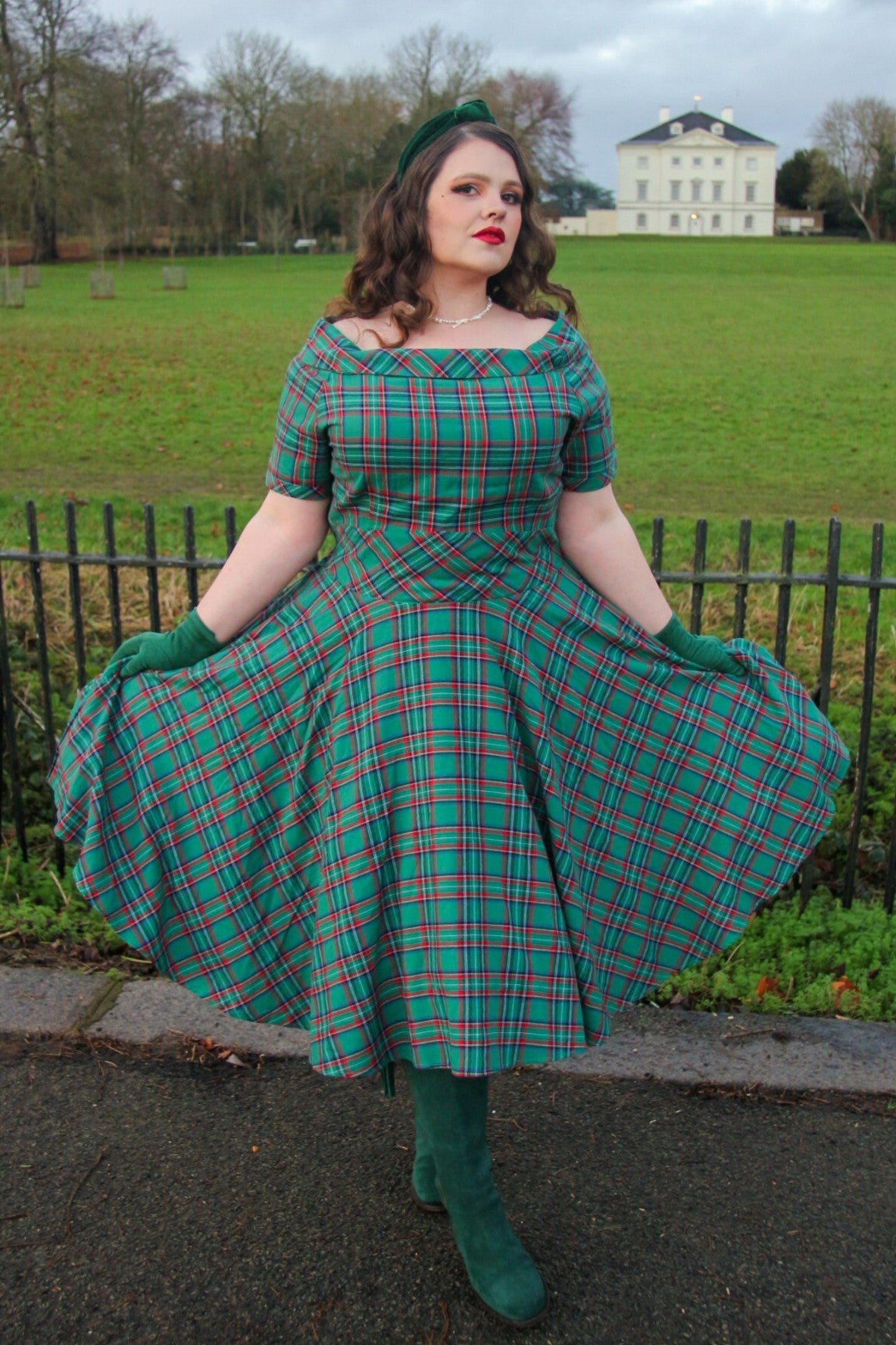 Darlene Vintage Swing Dress in Dark Green Plaid Print