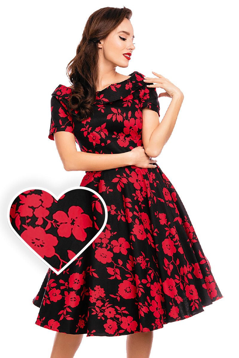 Darlene Retro Floral Swing Dress in Black/Red