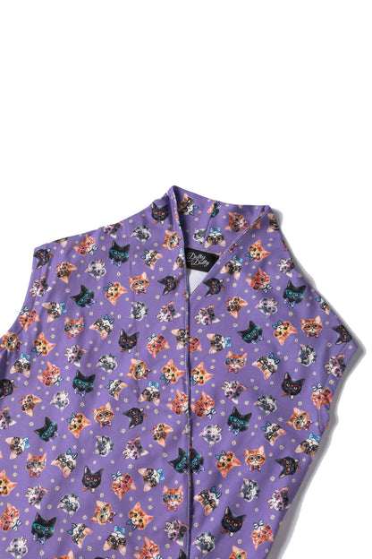 Felix Sleeveless Wrap-Around Purple Cat Print Top