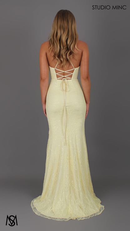 Fleur - Yellow Formal Dress, Lace V neckline lace up backless, fitted high leg slit